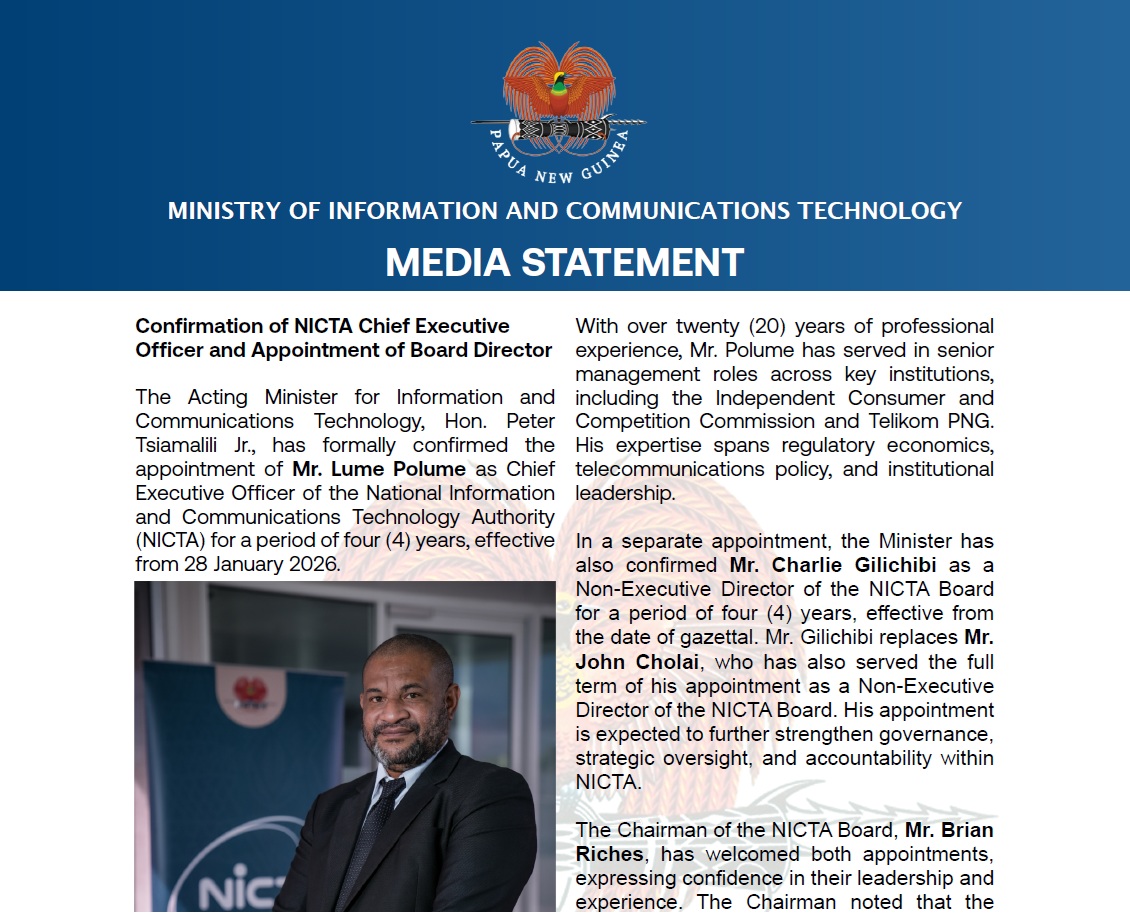Confirmation of NICTA Chief ExecutiveOfficer and Appointment of Board Director